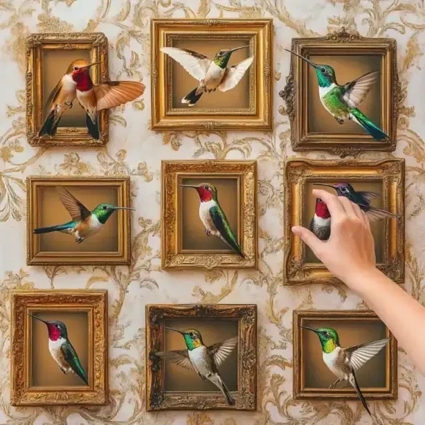 A wall hanging display of different species of hummingbirds