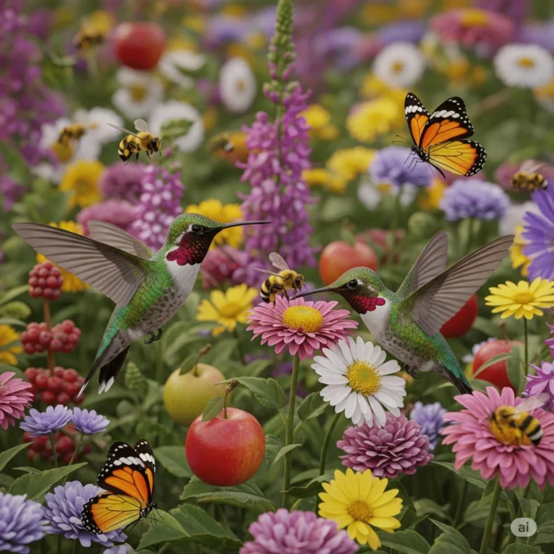Hummingbird and butterflies pollinating colorful flowers