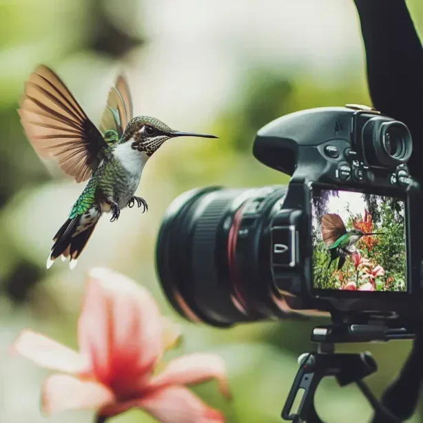Hummingbird hovering in front of camera