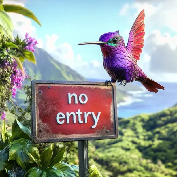 Hummingbird sitting on a no-entry sign