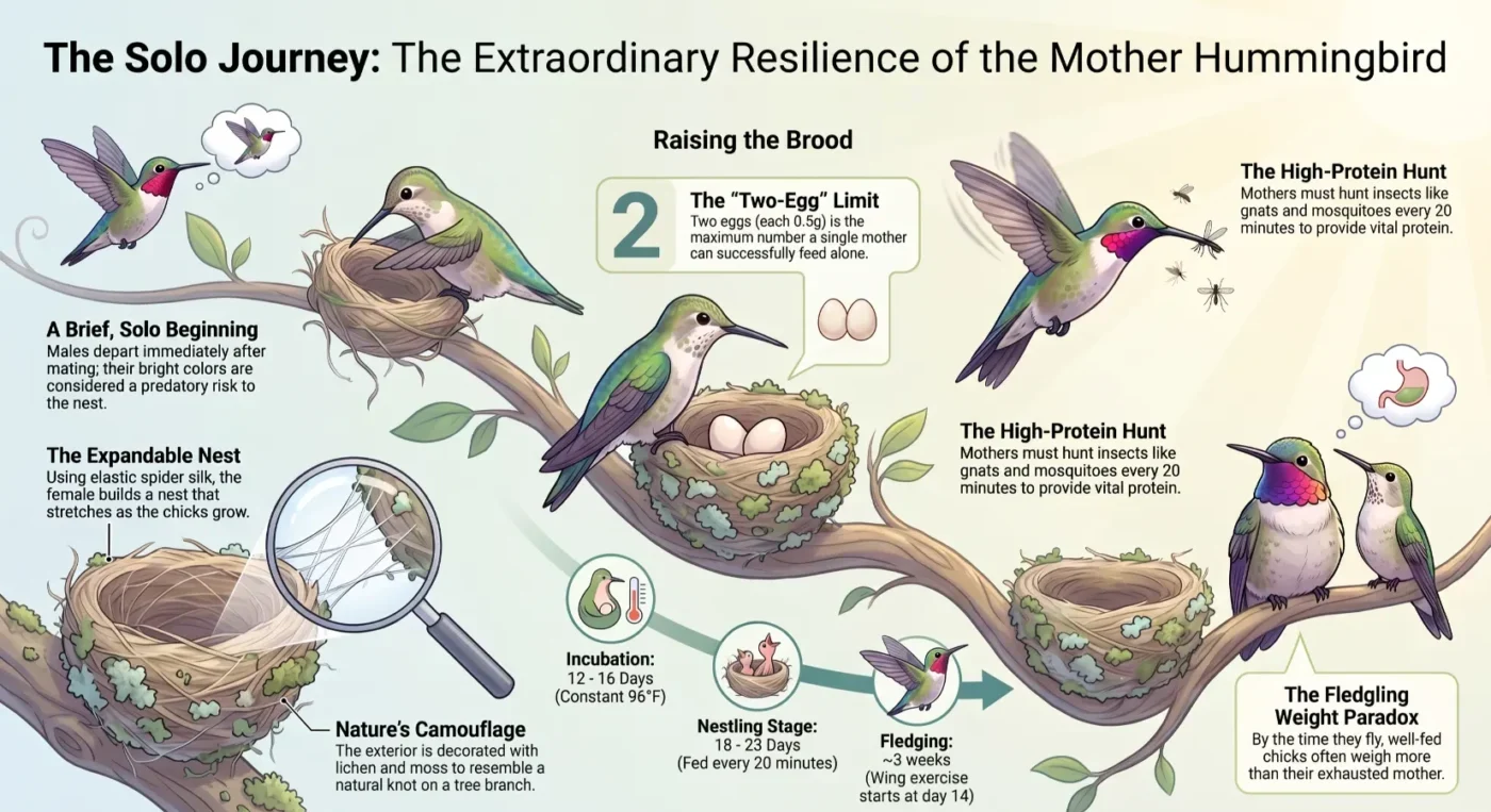 Mother hummingbird builds the nest