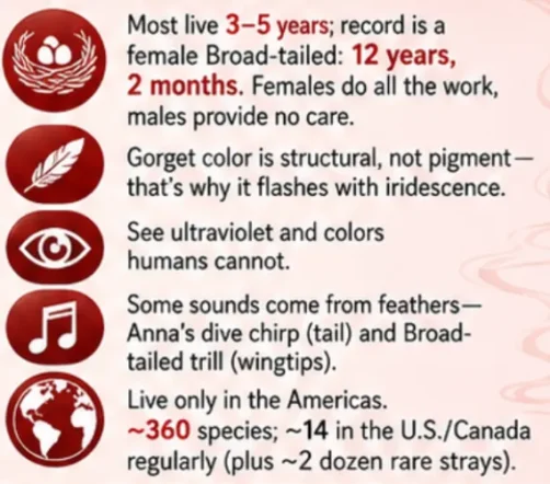 Infographic of hummingbird facts - most live 3-5 years