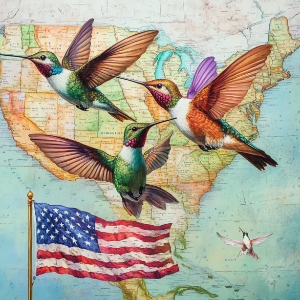 Hummingbirdsflying over a map of the United States of America