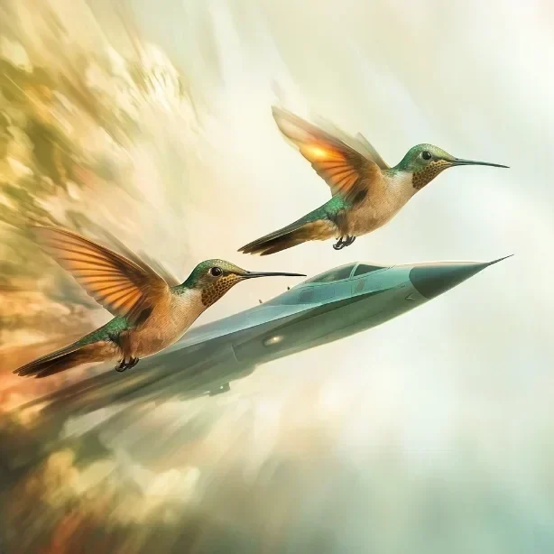 hummingbirds flying alongside a fighter jet