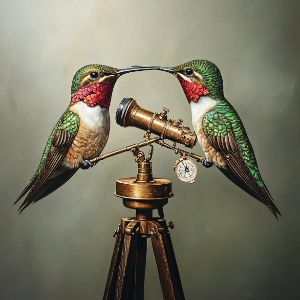 Two Hummingbirds sitting on an old fashioned telescope showing off their navigation skills