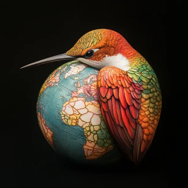 vibrant hummingbird hugging planet earth